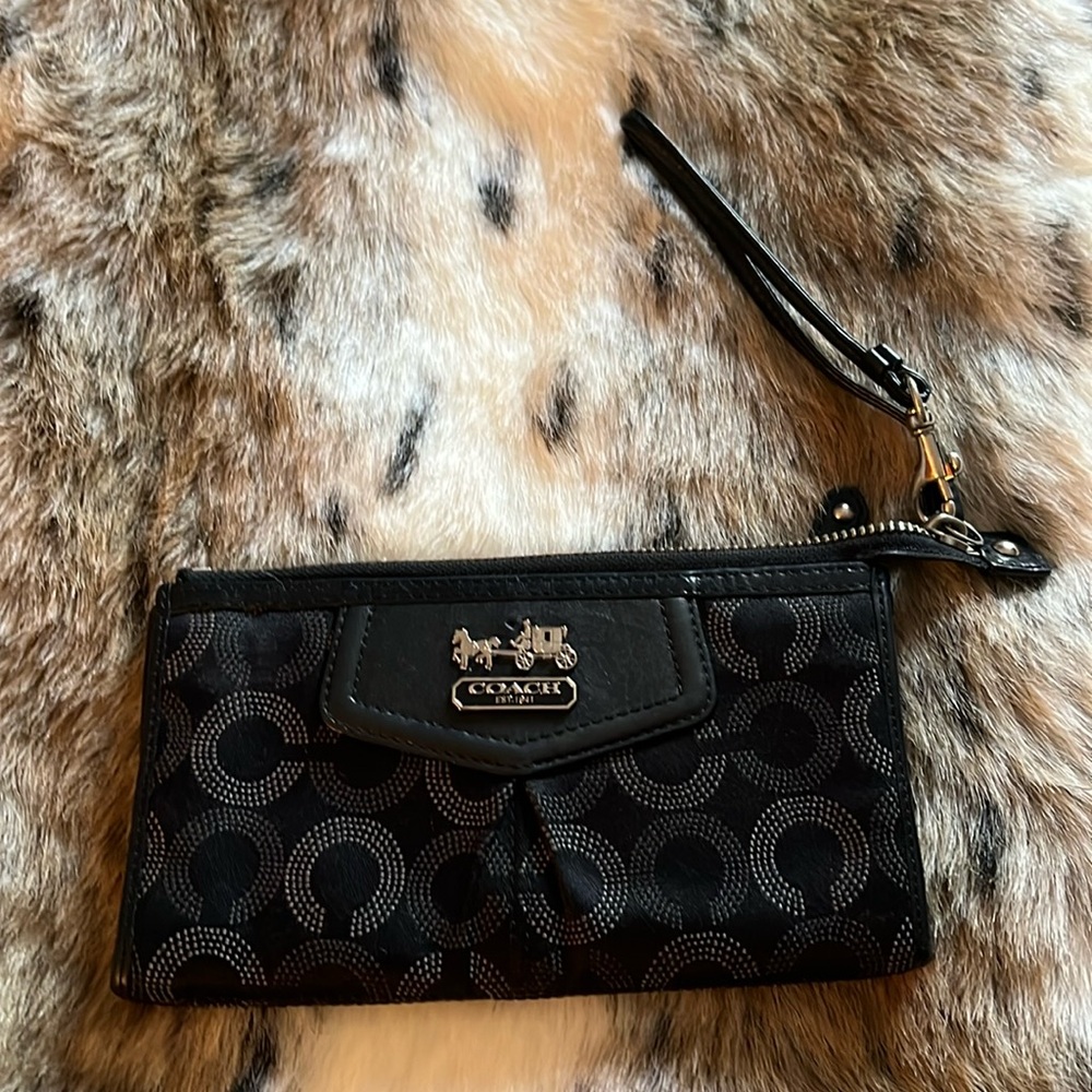 Ladies, black, leather/fabric Coach hand clutch with leather wristband